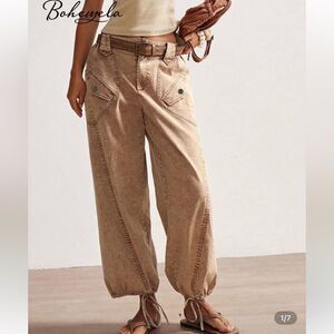 Bohemela Low elastic Waist cropped tan cargo pants with drawstring hem size S
